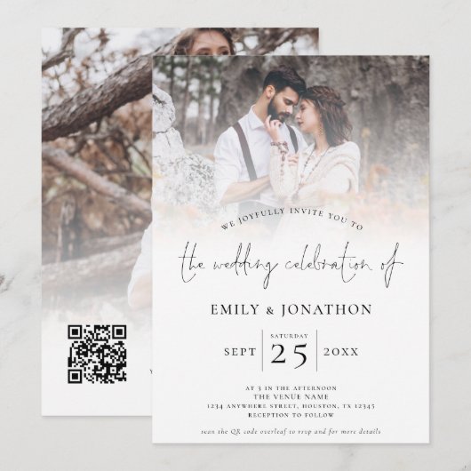 Modernes Skript 2 Fotos Overlay QR Code Hochzeit Einladung (Vorne/Hinten)