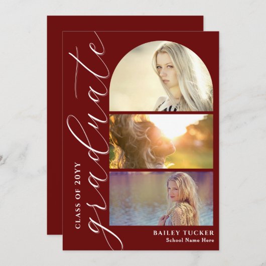 Modernes Skript 4-Foto Dark Red Arch Abschluss Dankeskarte (Vorne/Hinten)
