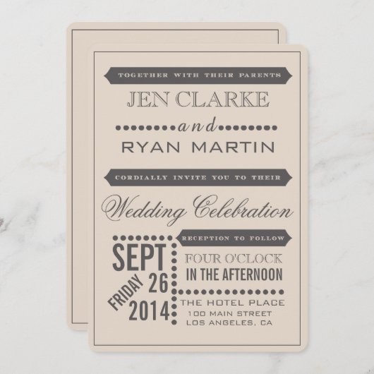 Modernes Skript-beige u. graue Hochzeits-Einladung Einladung (Vorne/Hinten)