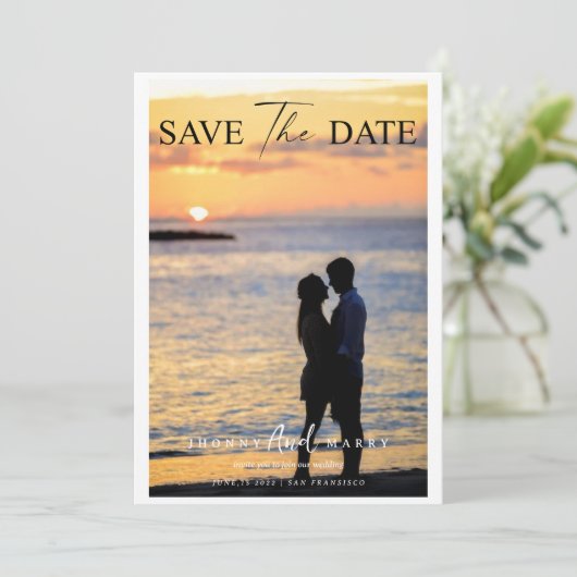 Modernes Skript-benutzerdefiniertes Foto Speichern Einladung (Stehend Vorderseite)