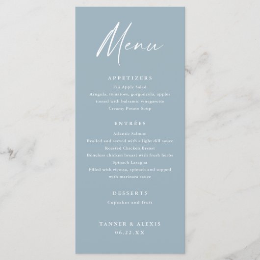 Modernes Skript Dusty Blue Wedding Menu Programm (Vorderseite)