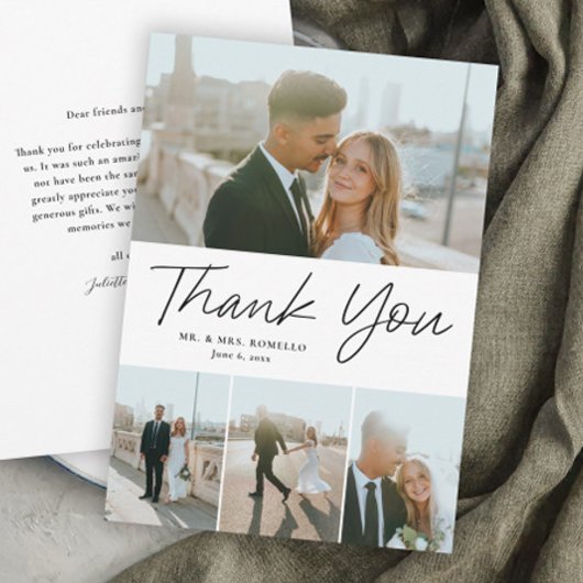 Modernes Skript Einfach 4 Foto Hochzeit Dankeskarte