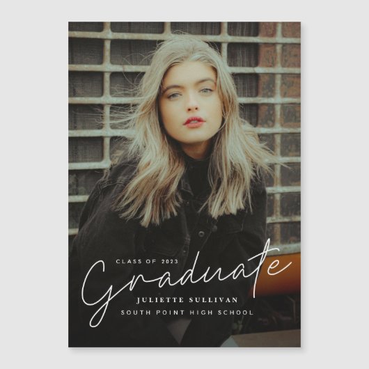 Modernes Skript Einfaches Foto Abschluss Magneteinladung (Vorderseite)