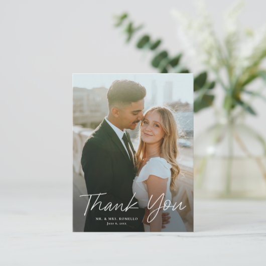 Modernes Skript Einfaches Foto Hochzeit Vielen Dan Postkarte (Stehend Vorderseite)