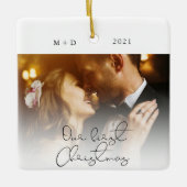 Modernes Skript Elegantes Foto Verlobung Keepake C Keramikornament (Vorderseite)