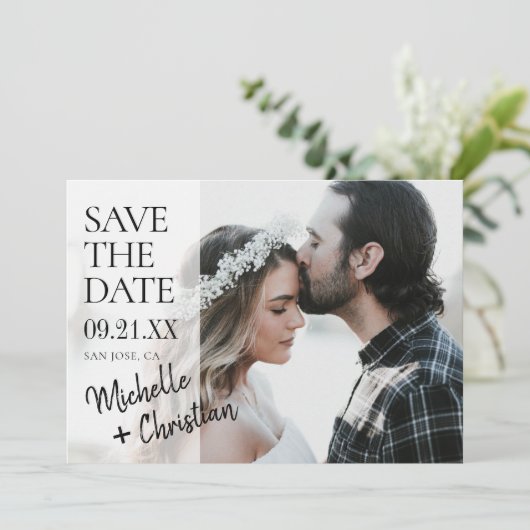 Modernes Skript-Foto Hochzeit Sichern Sie das Datu Save The Date (Stehend Vorderseite)