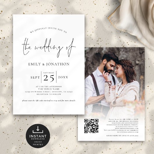 Modernes Skript-Foto-Overlay QR Schwarz-weiß Weddi Einladung