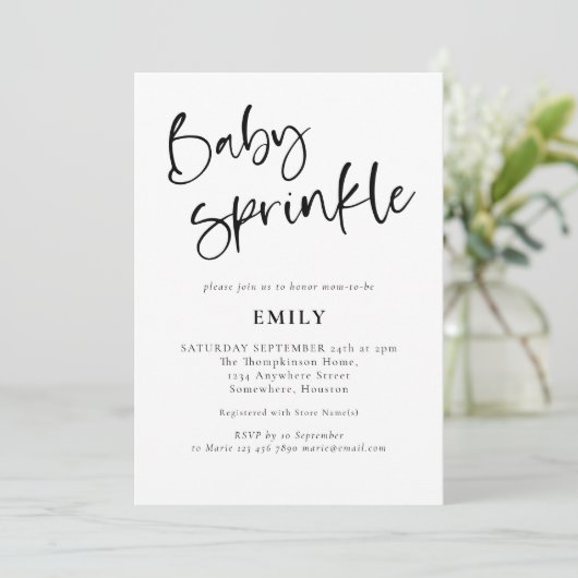 Modernes Skript für jede Farbe Baby Sprinkle Dusch Einladung (Stehend Vorderseite)