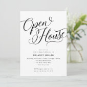 Modernes Skript Geblüht, Black-Open House-Party Einladung (Stehend Vorderseite)