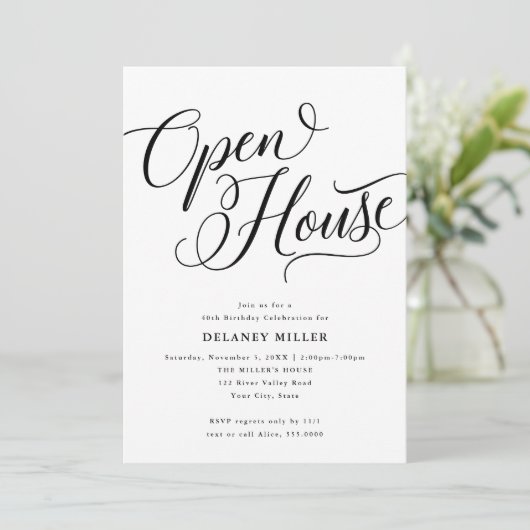 Modernes Skript Geblüht, Black-Open House-Party Einladung (Stehend Vorderseite)