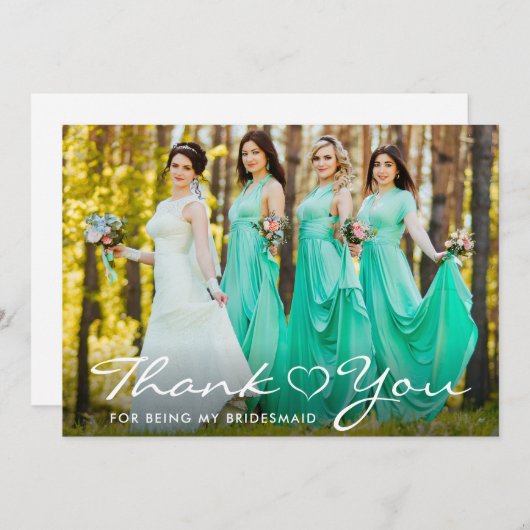 Modernes Skript-Herz-Brautjungfern-Foto Dankeskarte (Vorne/Hinten)