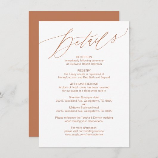 Modernes Skript, Kupfer, Angaben zur Hochzeit Begleitkarte (Vorne/Hinten)