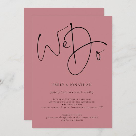 Modernes Skript machen wir dusty Rose QR Code Hoch Einladung (Vorne/Hinten)