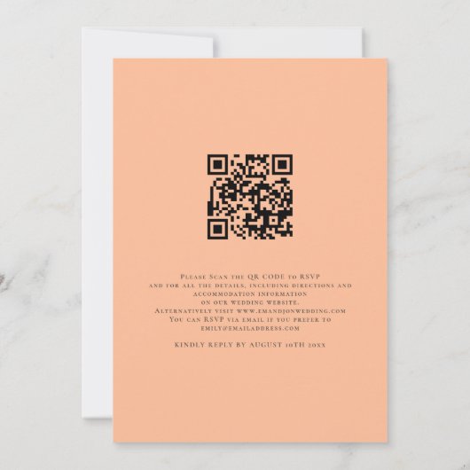Modernes Skript machen wir QR Code Peach Hochzeit Einladung (Rückseite)