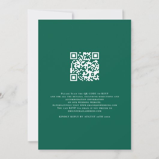 Modernes Skript machen wir QR Code Wedding Emerald Einladung (Rückseite)