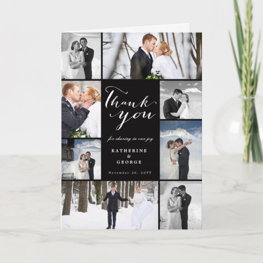 Modernes Skript mit 8-Foto-Hochzeitssammlung-Desig Dankeskarte (Vorderseite)
