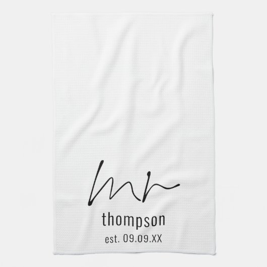 Modernes Skript Mr. Name Date Neu verheiratet Keep Geschirrtuch (Vertikal)