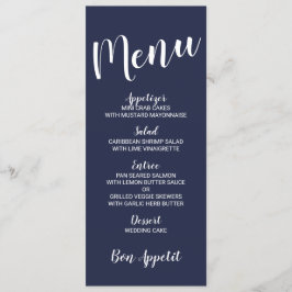 Modernes Skript Nautical Navy Blue Wedding Menu Menükarte