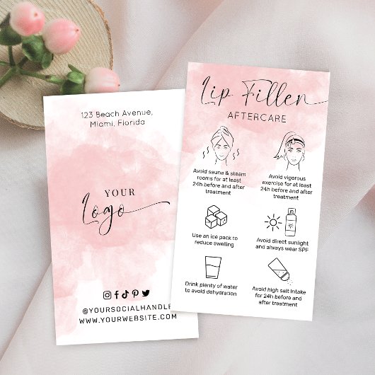 Modernes Skript Pink Aquarell Lip Filler Aftercare Visitenkarte