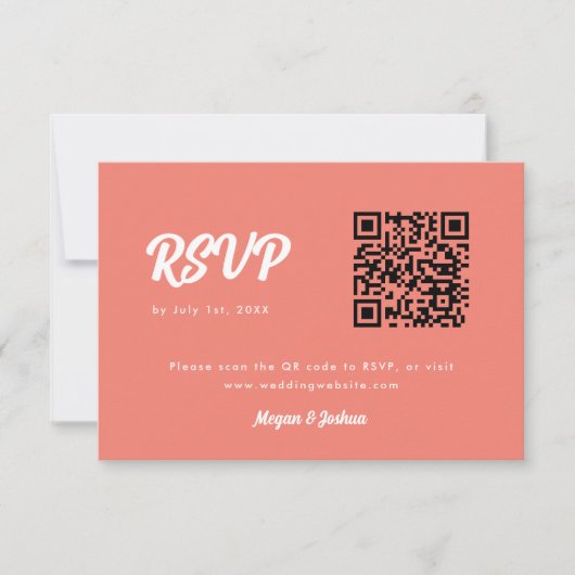 Modernes Skript Pink Coral QR Code Hochzeit RSVP Karte (Vorderseite)