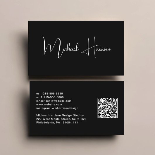 Modernes Skript QR Code Beruflich Schwarz Visitenkarte