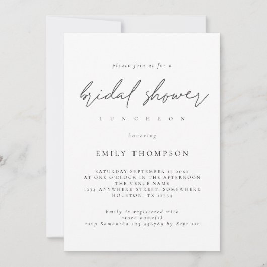 Modernes Skript-Schwarz-weißes Brautparty Einladung (Vorderseite)