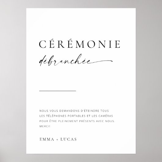 Modernes Skript Unplugged Zeremony Sign | Französi Poster (Vorne)