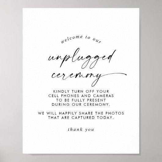 Modernes Skript Unplugged Zeremony Sign Poster (Vorne)