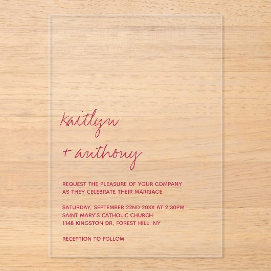 Modernes Skript Viva Magenta Minimalistische Hochz Acryleinladungen (Vorderseite)