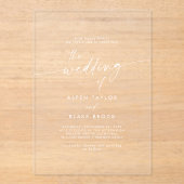 Modernes Skript White Boho Elegante Minimale Hochz Acryleinladungen (Vorderseite)