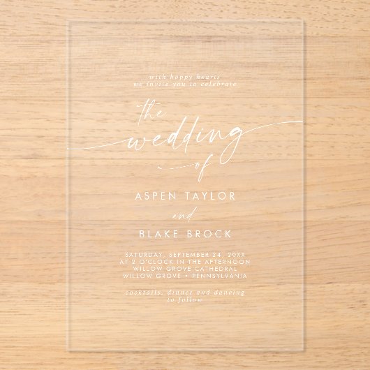 Modernes Skript White Boho Elegante Minimale Hochz Acryleinladungen (Vorderseite)