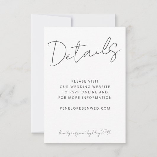 Modernes Skript White Wedding Website Details QR RSVP Karte (Vorderseite)