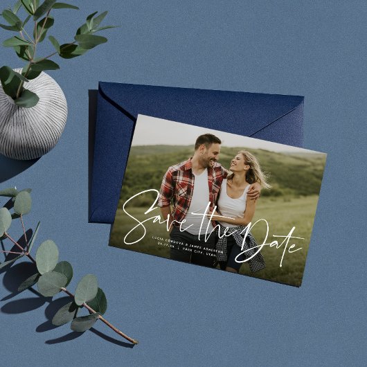 Modernes skripteinfaches Foto Save the Date Magnetkarte