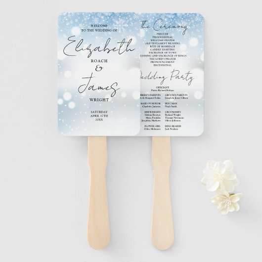 Modernes Skriptschneeflocken WinterWedding Program Fächer (Vorne und Hinten)