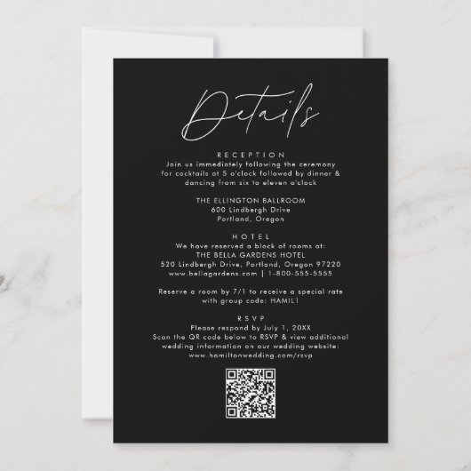 Modernes Skriptschwarz in einem QR-Code Hochzeitsc Einladung (Rückseite)
