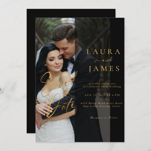 Modernes Skripttrendy Overlay-Foto Save the Date Einladung (Vorne/Hinten)