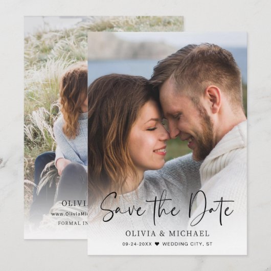 Modernes Skriptüberlagerungs-Foto Save The Date (Vorne/Hinten)