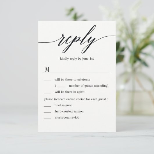 Modernes SkriptWedding RSVP mit Menüoptionen Einladung (Stehend Vorderseite)