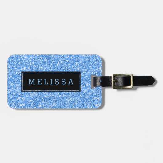 Modernes Sky-Blue-Glitzer-Textur-Monogramm Gepäckanhänger (Vorderseite horizontal)