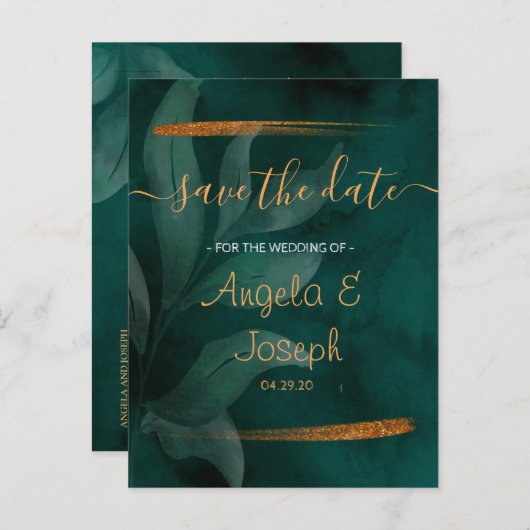 modernes Smaragdgrün und Save the Date Blätter Ankündigungspostkarte (Vorne/Hinten)
