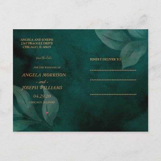 modernes Smaragdgrün und Save the Date Blätter Ankündigungspostkarte (Rückseite)