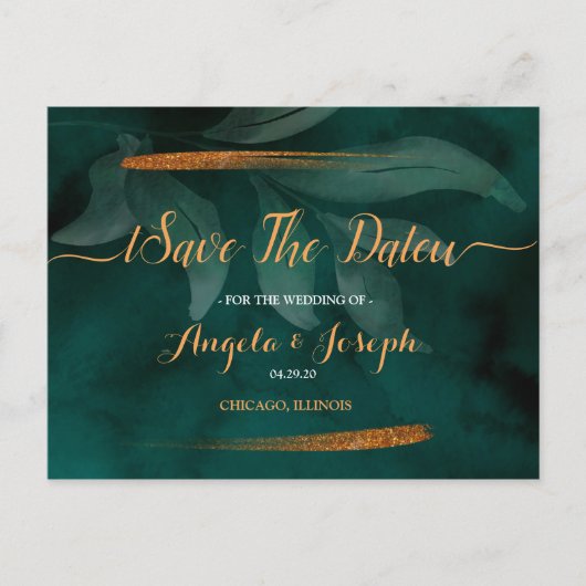 modernes Smaragdgrün und Save the Date Blätter Postkarte (Vorderseite)