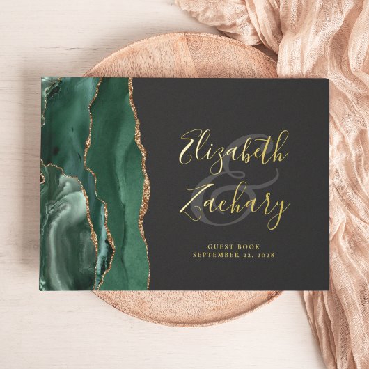 Modernes Smarald Green Agate Gold Script dunkel Gästebuch