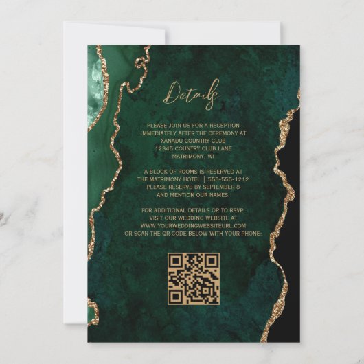 Modernes Smarald Green Agate Script QR Code Hochze Einladung (Rückseite)
