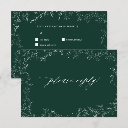 Modernes Smarald Green Elegant Leaf Wedding RSVP Karte (Vorne/Hinten)