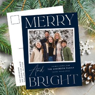 Modernes Snapshot Navy Merry and Bright Foto Folien Feiertagspostkarte