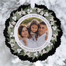 Modernes Snowberry Greenery Wreath Black Foto Ornament Karte
