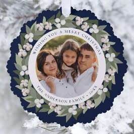 Modernes Snowberry Greenery Wreath Navy Foto Ornament Karte