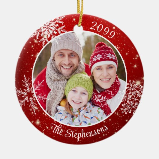 Modernes Snowflake Foto Red White Personalisiert Keramik Ornament (Vorne)