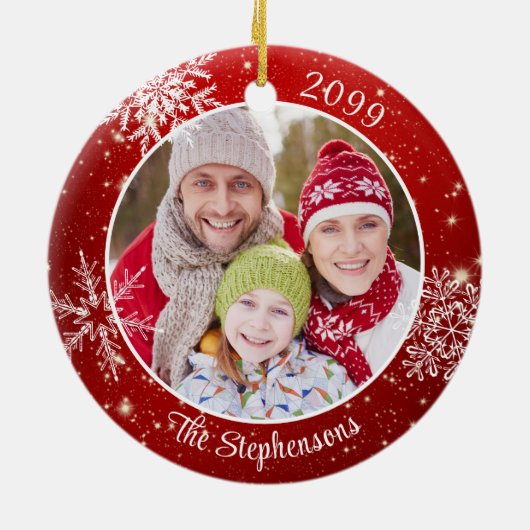 Modernes Snowflake Foto Red White Personalisiert Keramik Ornament (Hinten)